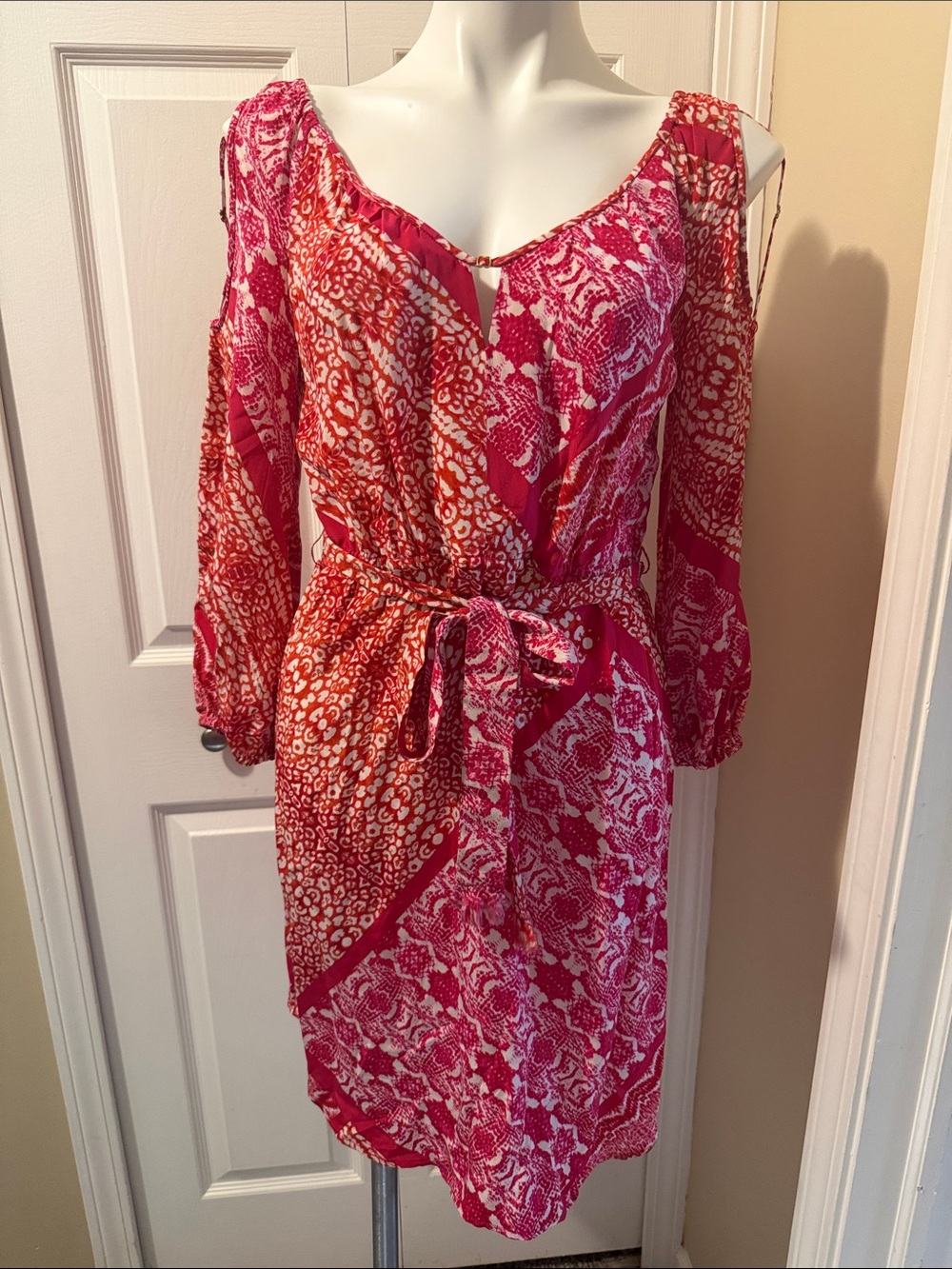 Yoana Baraschi Pink & White Silk Cold-Shoulder Mini Dress
